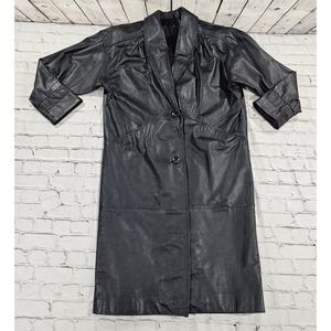 Vintage Jacqueline Ferrar Black Leather Long Trench Coat Rare WOMENS MEDIUM